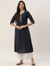 Women Embroidered Cotton Blend A-line Kurta  (Navy Blue)