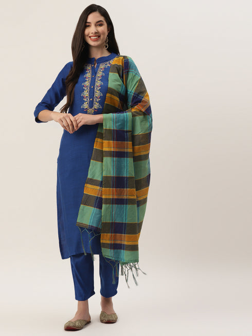 Royal Blue Rayon Straight Embroidered Kurta Pant Set