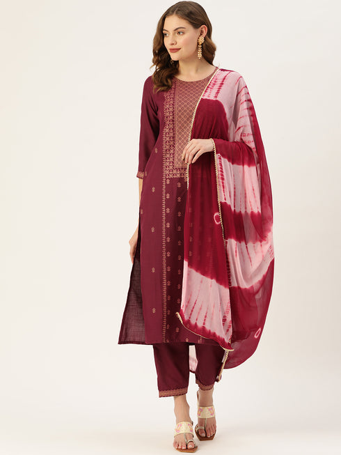 Wine Panelled Straight Cotton Kurta Suit Set
