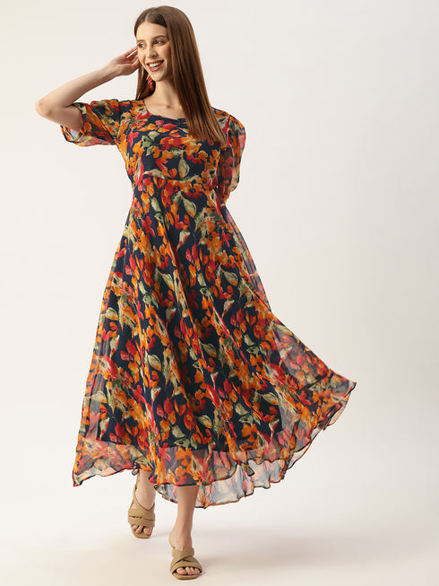Women A-line Multicolour Flared Printed Dress