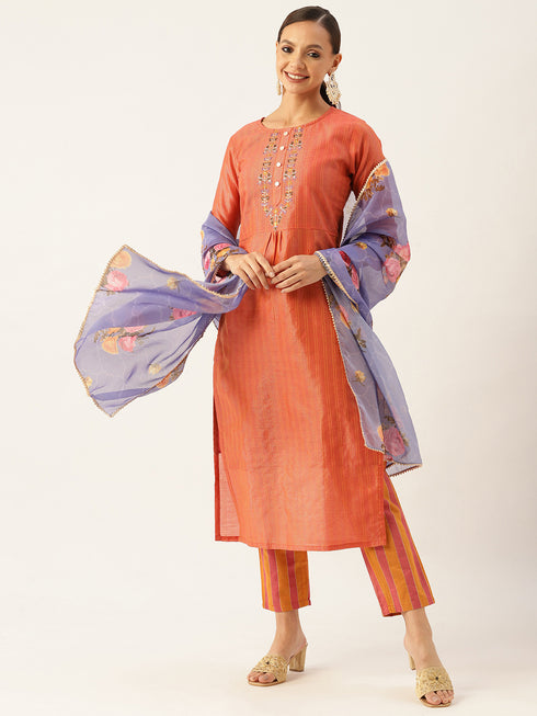Rust Striped Work Chanderi Silk Kurta Suit Set