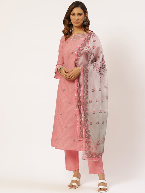Peach-Coloured Cotton Embroidered Kurta Suit Set