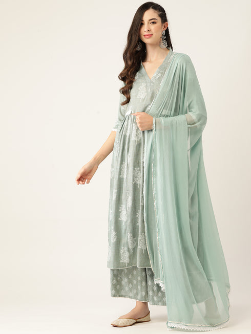 Green Rayon Printed Flared A-Line Kurta Suit Set