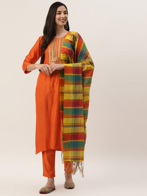 Orange Rayon Blend Straight Embroidered Kurta Pant Set