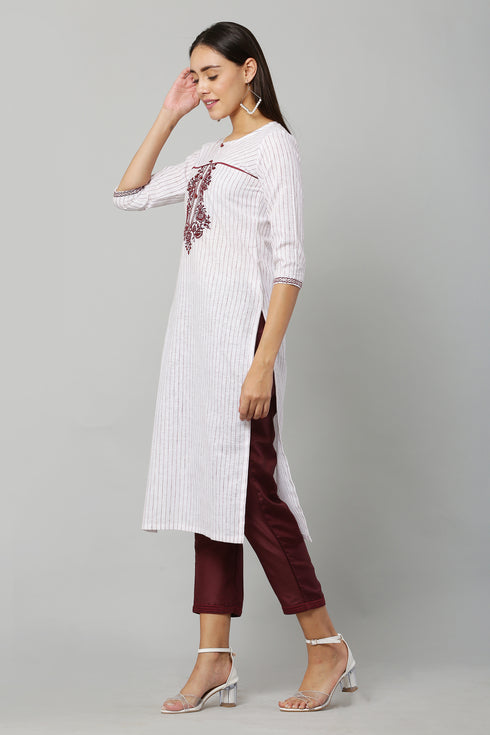 White Cotton Embroidery Kurta and Pant Set