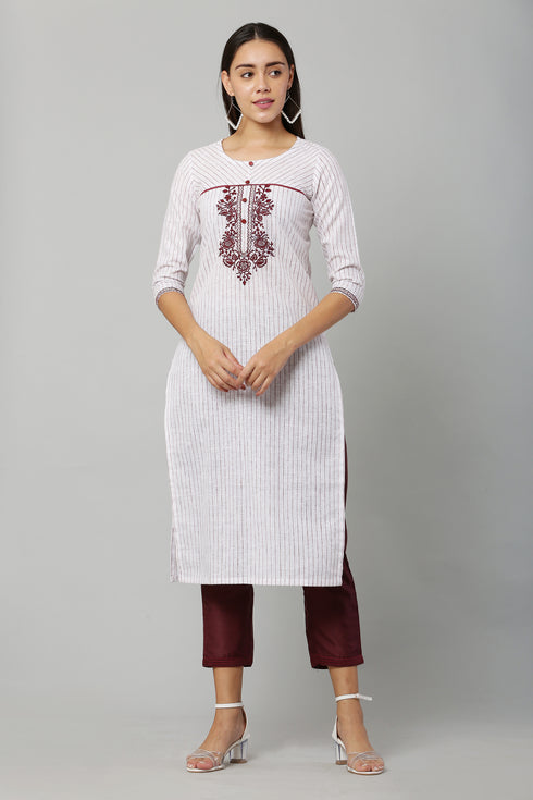 White Cotton Embroidery Kurta and Pant Set