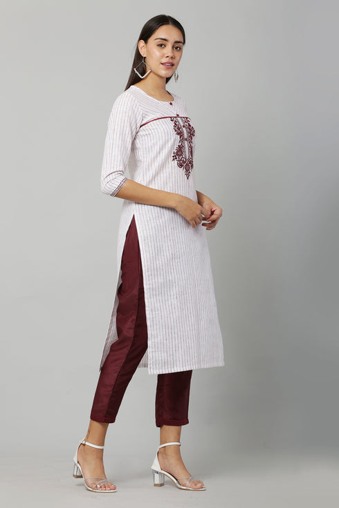 White Cotton Embroidery Kurta and Pant Set