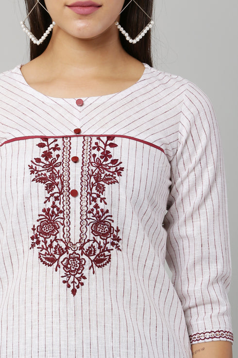 White Cotton Embroidery Kurta and Pant Set