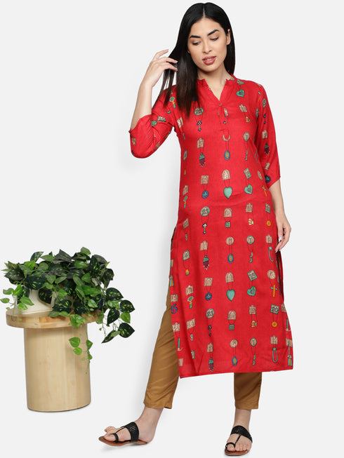 Red Rayon Casual Kurta