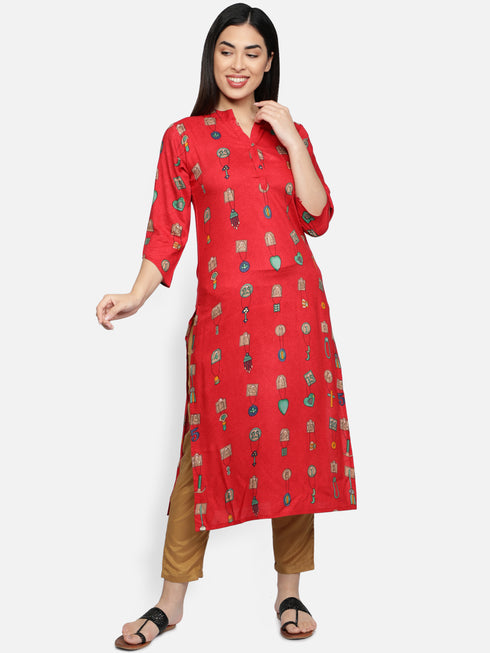 Red Rayon Casual Kurta