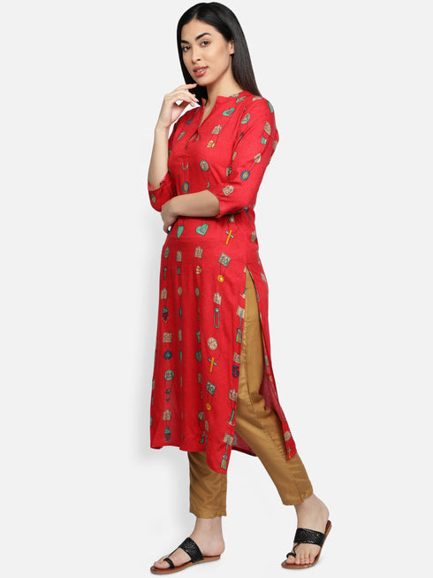 Red Rayon Casual Kurta