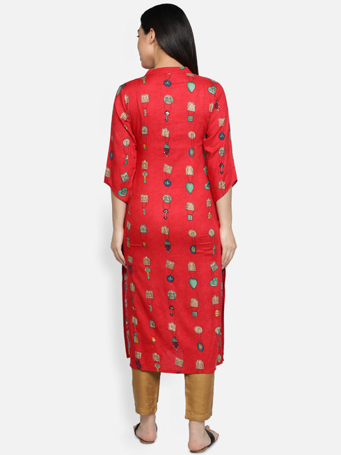 Red Rayon Casual Kurta