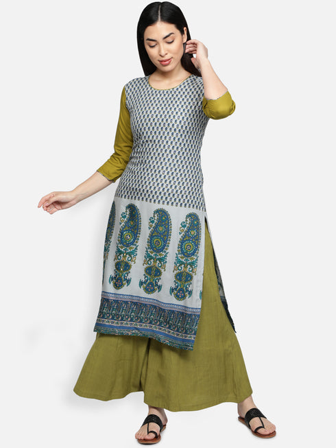 Blue Rayon Printed Casual Kurta
