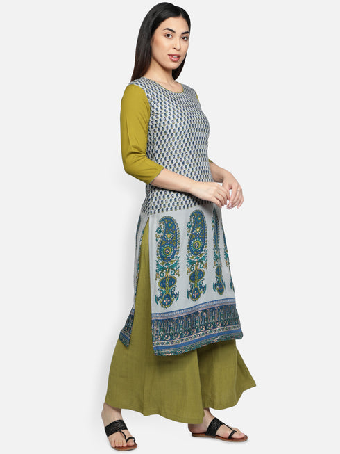 Blue Rayon Printed Casual Kurta