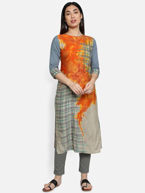 Orange Placement Rayon Straight Kurta