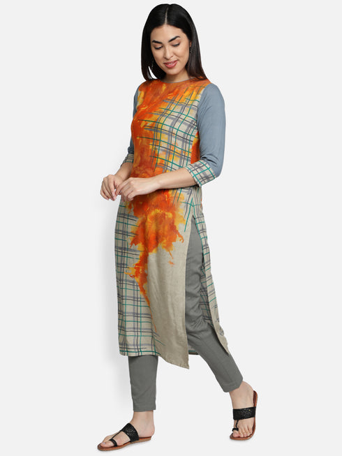 Orange Placement Rayon Straight Kurta