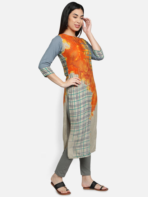 Orange Placement Rayon Straight Kurta