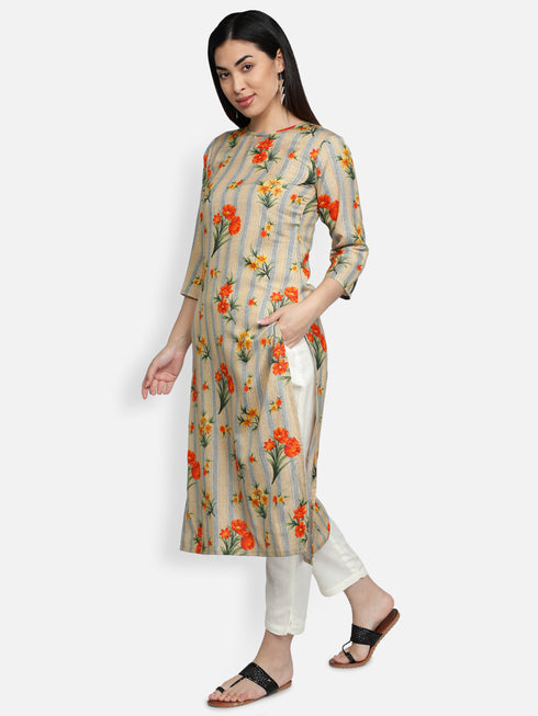 Yellow Floral Rayon Straight Kurta