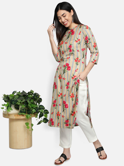 Red Floral Rayon Straight Kurta