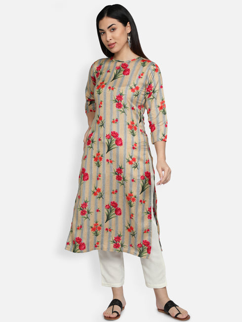 Red Floral Rayon Straight Kurta