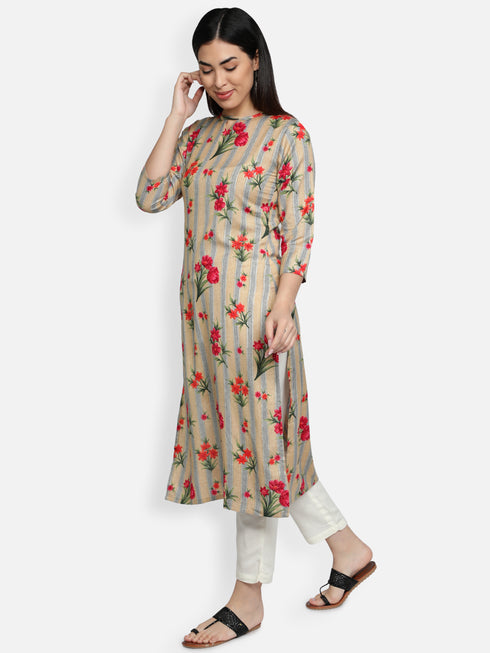 Red Floral Rayon Straight Kurta