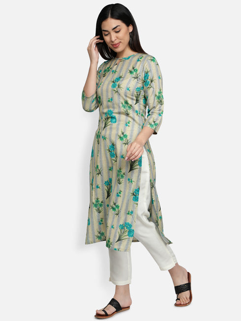 Green Floral Rayon Straight Kurta