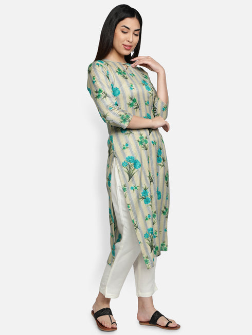 Green Floral Rayon Straight Kurta