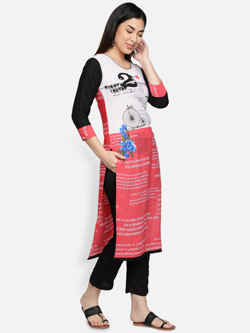 Red Polyester Straight Kurta