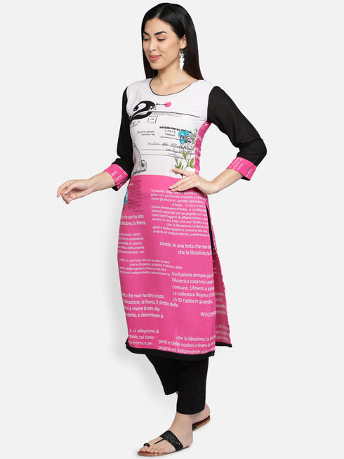 Pink Polyester Straight Kurta