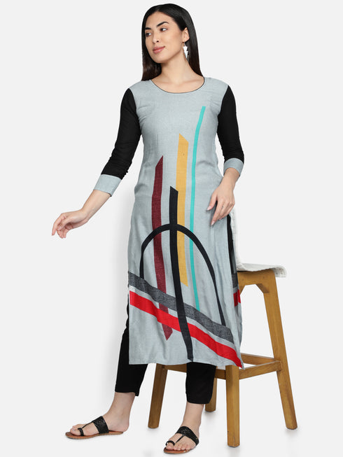 Women Grey Printed Rayon Kurta