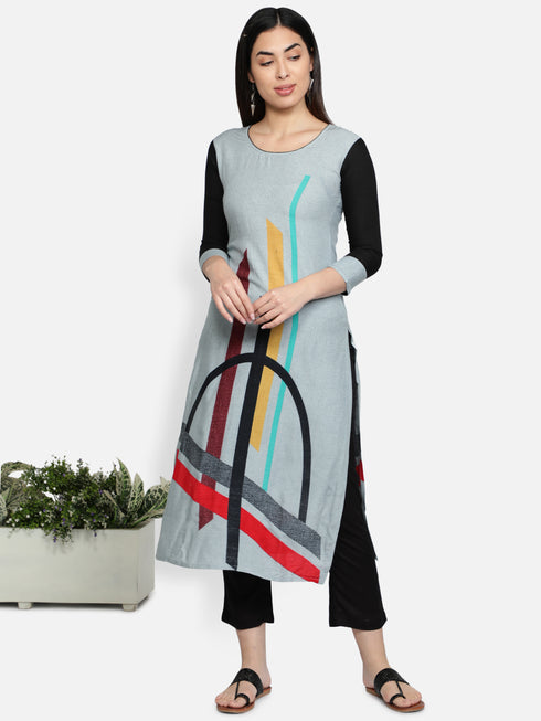 Women Grey Printed Rayon Kurta
