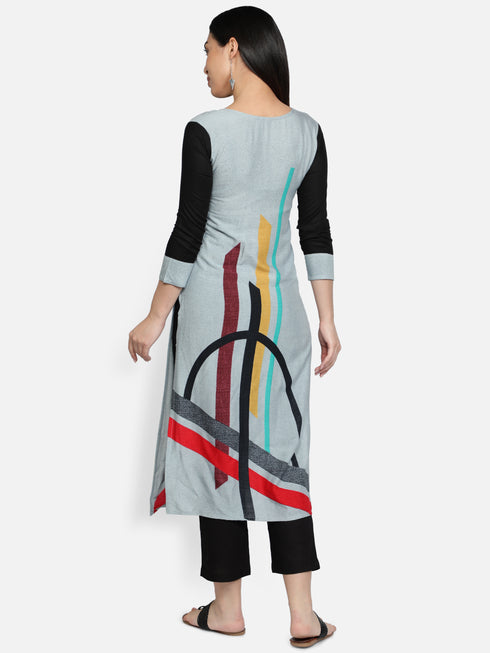 Women Grey Printed Rayon Kurta