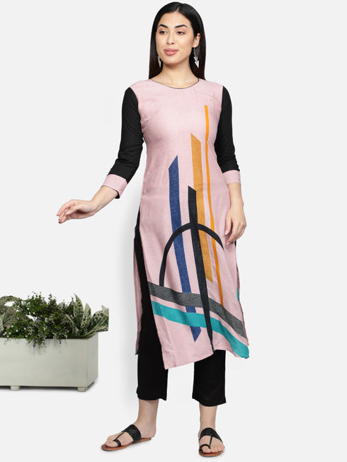 Women Pink Printed Straight Kurta