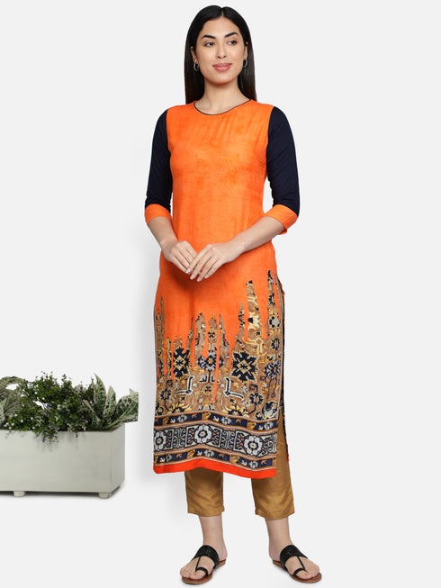 Women Orange Printed Rayon Kurta