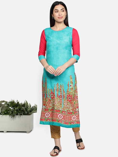 Women Blue Printed Rayon Kurta
