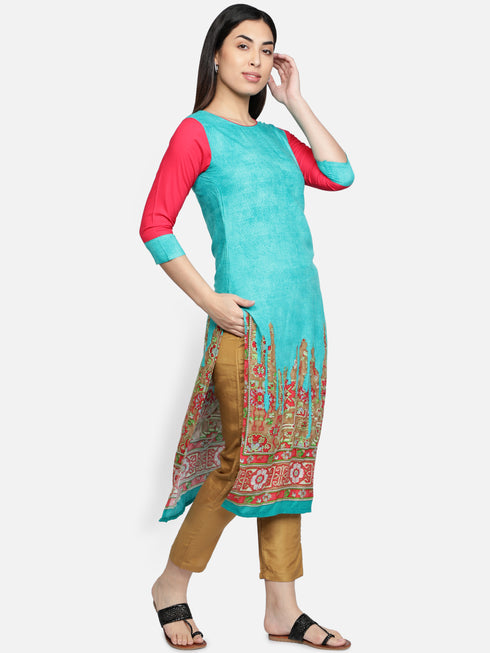 Women Blue Printed Rayon Kurta