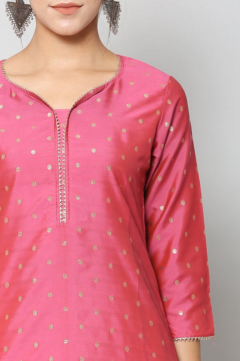 Women Taffeta Kurta Set With Dupatta (Pink)