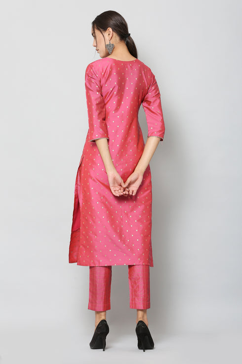 Women Taffeta Kurta Set With Dupatta (Pink)