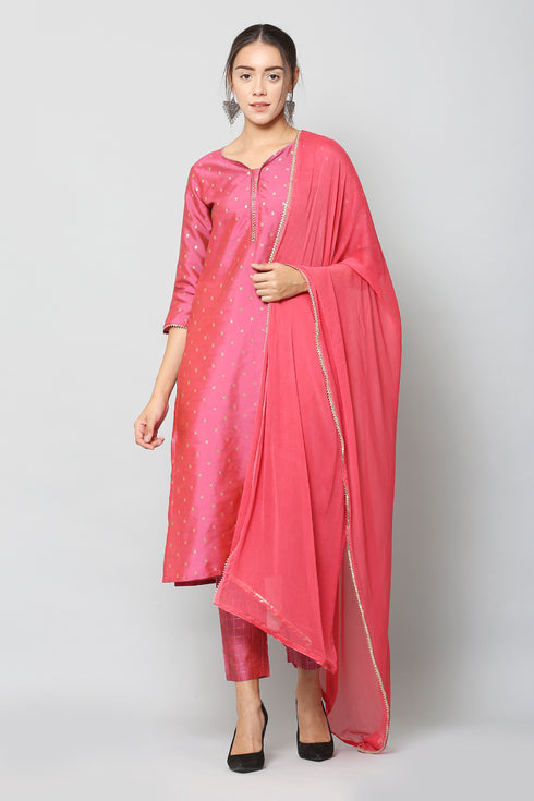 Women Taffeta Kurta Set With Dupatta (Pink)