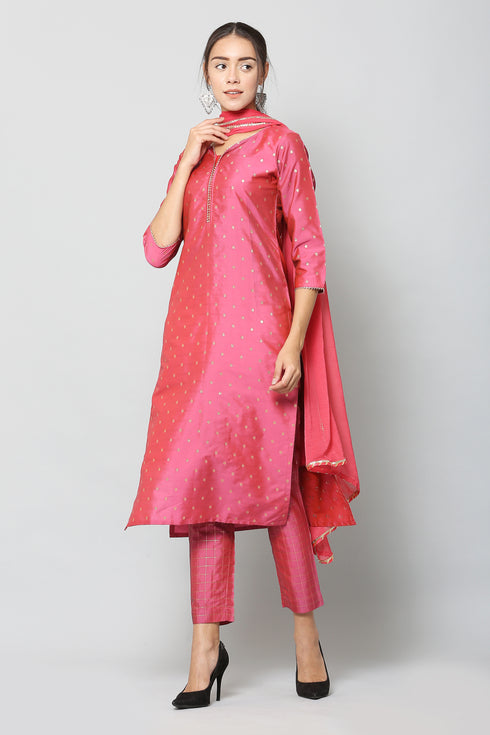Women Taffeta Kurta Set With Dupatta (Pink)