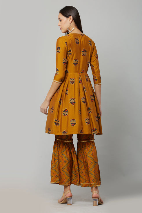 Printed Mustard Kurta Sharara With Dupatta