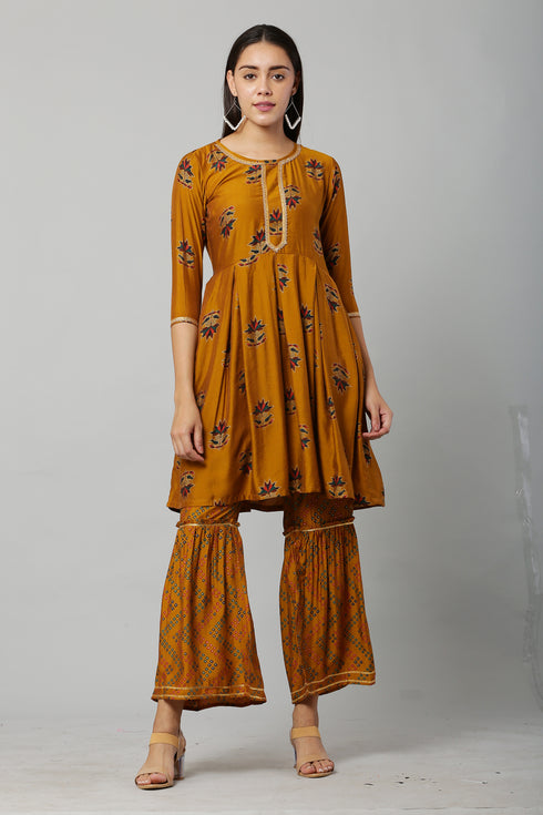 Printed Mustard Kurta Sharara With Dupatta