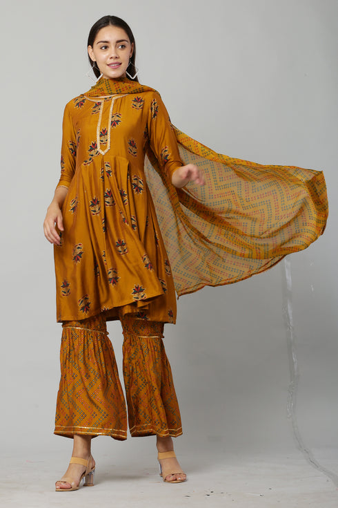 Printed Mustard Kurta Sharara With Dupatta
