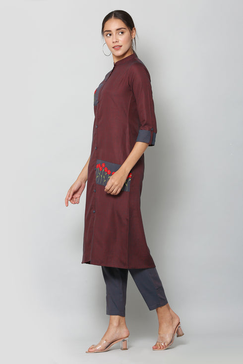 Embroidery Maroon Kurta and Pant Set