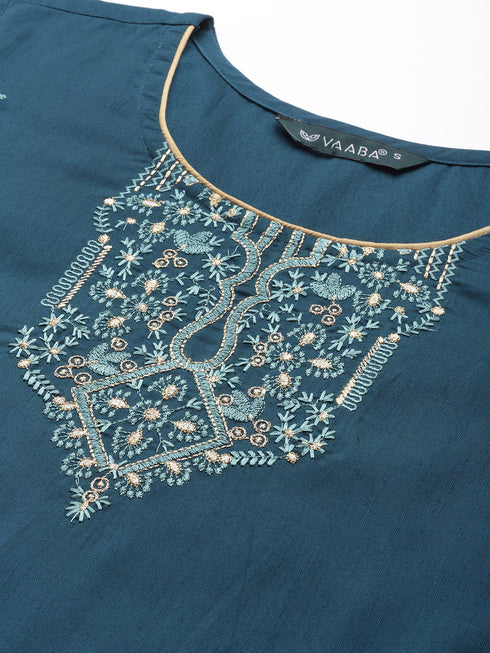 Peacock-Coloured Pure Chanderi Embroidered Kurta Suit Set