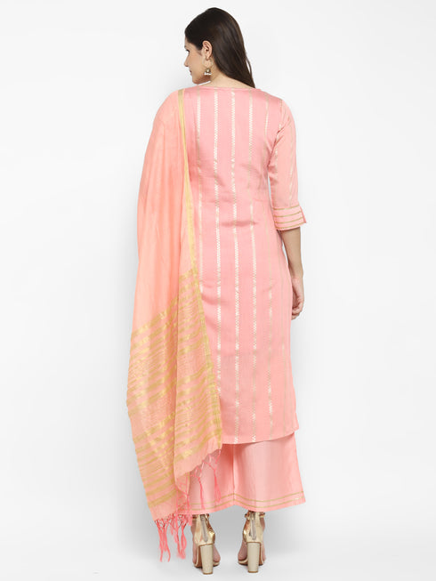 Women Pink Straight Chanderi Silk Kurta with Palazzos & Dupatta