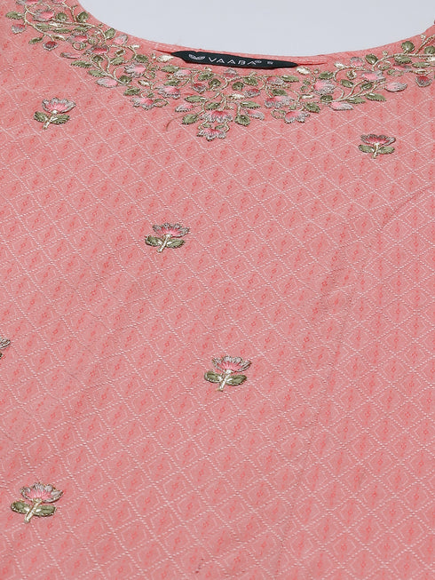 Peach-Coloured Cotton Embroidered Kurta Suit Set