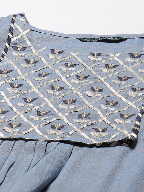 Light Denim Rayon Embroidered A-Line Flared Kurta Suit Set