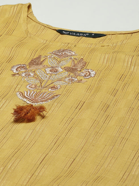 Women Embroidered Pure Cotton Straight Kurta (Yellow)