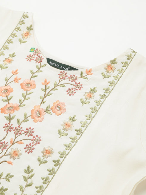 Women Rayon Embroidery Kurta Trousers Set (White)
